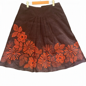 Precis Petite Linen Brown Orange Floral Embroidered Pleated A-Line Skirt Size 14